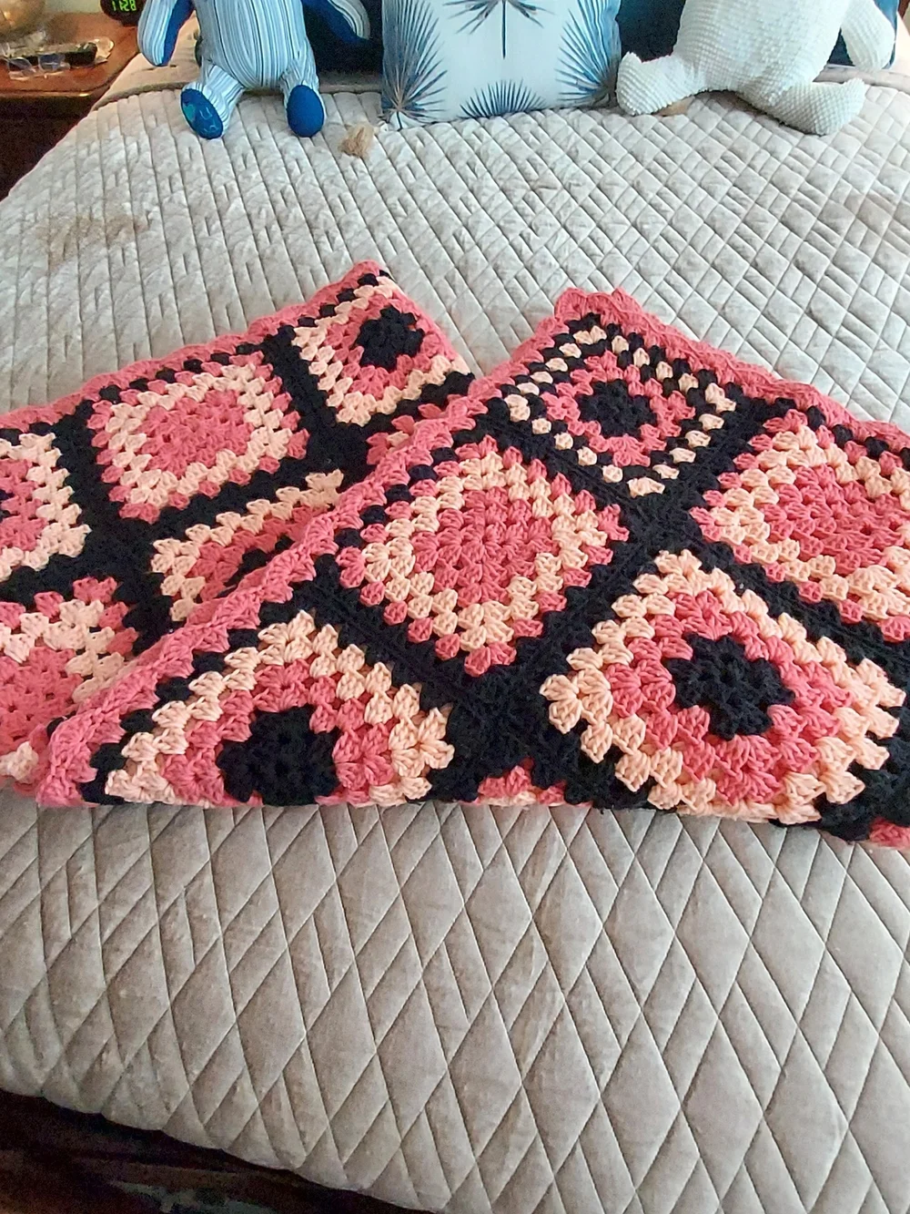Handmade Melon, Black & Pink Crochet Granny Square Throw Blanket -Cozy 48